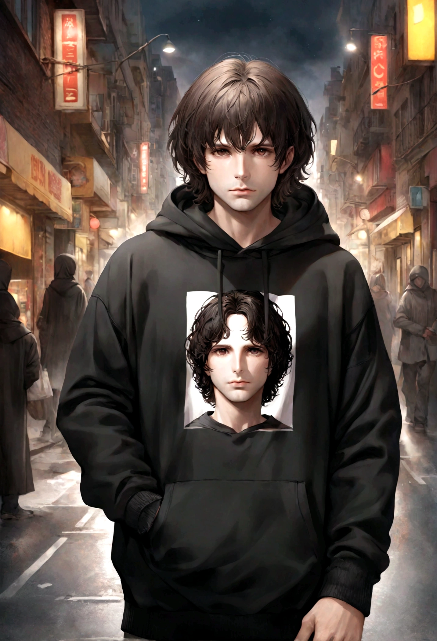 (sudadera con capucha para hombre), ), (con barba ,) (ojos color cafe claro), Aspecto atractivo y serio, cabello negro oscuro, ropa comoda y holgada sudadera color cafe, Un hombre similar al actor Jim Morrison, (Imagen realista y de alta calidad), fondo en la calle con la vista hacia una ciudad, ((La mejor calidad, 8K, obra maestra).((dynamic pose))