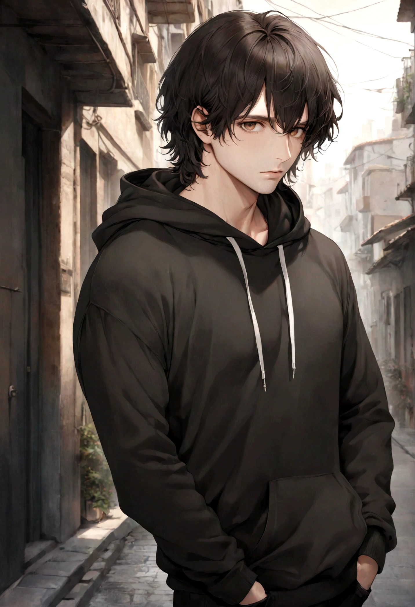 (sudadera con capucha para hombre), ), (con barba ,) (ojos color cafe claro), Aspecto atractivo y serio, cabello negro oscuro, ropa comoda y holgada sudadera color cafe, Un hombre similar al actor Jim Morrison, (Imagen realista y de alta calidad), fondo en la calle con la vista hacia una ciudad,  ((La mejor calidad, 8K, obra maestra).((dynamic pose))