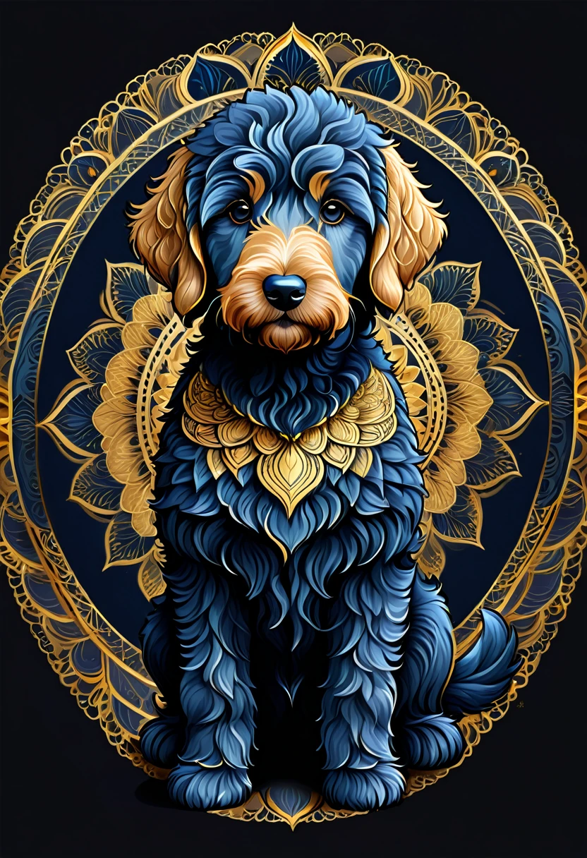 dark blue goldendoodle colors with golden elements,drawing style,mandala inside the body, black background