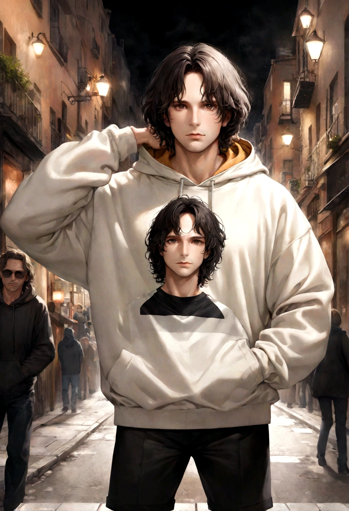 (sudadera con capucha para hombre), ), (con barba ,) (ojos color cafe claro), Aspecto atractivo y serio, cabello negro oscuro, ropa comoda y holgada sudadera color cafe, Un hombre similar al actor Jim Morrison, (Imagen realista y de alta calidad), fondo en la calle con la vista hacia una ciudad, ((La mejor calidad, 8K, obra maestra).((dynamic pose))