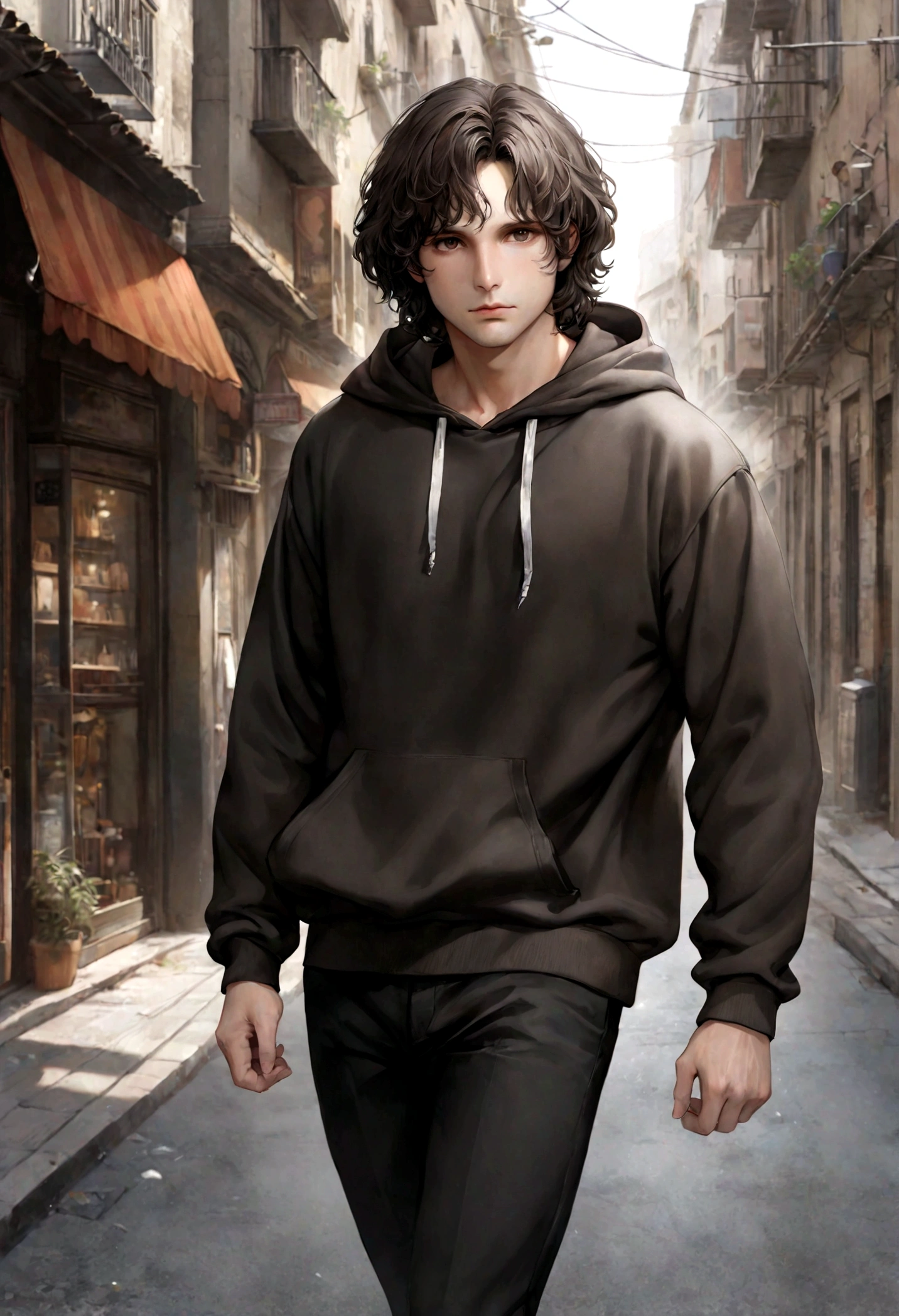 (sudadera con capucha para hombre), ), (con barba ,) (ojos color cafe claro), Aspecto atractivo y serio, cabello negro oscuro, ropa comoda y holgada sudadera color cafe, Un hombre similar al actor Jim Morrison, (Imagen realista y de alta calidad), fondo en la calle con la vista hacia una ciudad, ((La mejor calidad, 8K, obra maestra).((dynamic pose))
