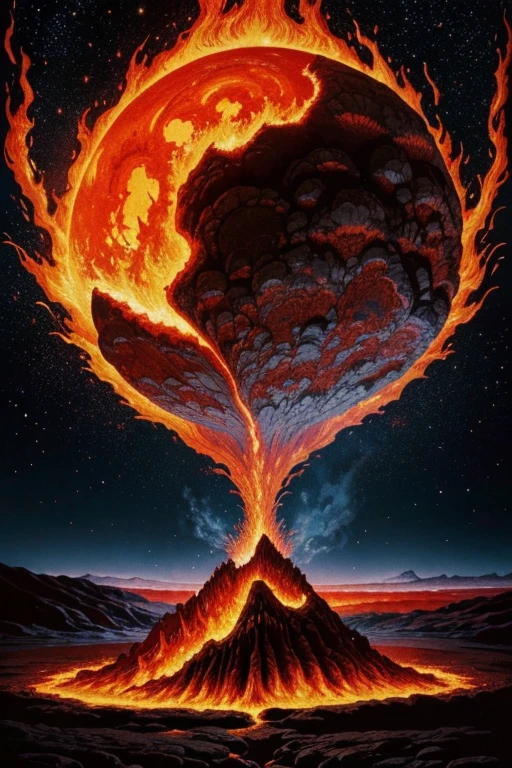 A fire flower is growing on a tapestry of boiling magma, relentless,red energy aura,pure, supernatural,highly detailed, 4k resolution, masterpiece,vulcanic caldera scenario,digital art, Druillet art, 1980s