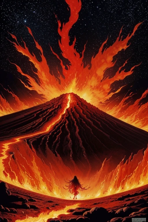 A fire flower is growing on a tapestry of boiling magma, relentless,red energy aura,pure, supernatural,highly detailed, 4k resolution, masterpiece,vulcanic caldera scenario,digital art, Druillet art, 1980s