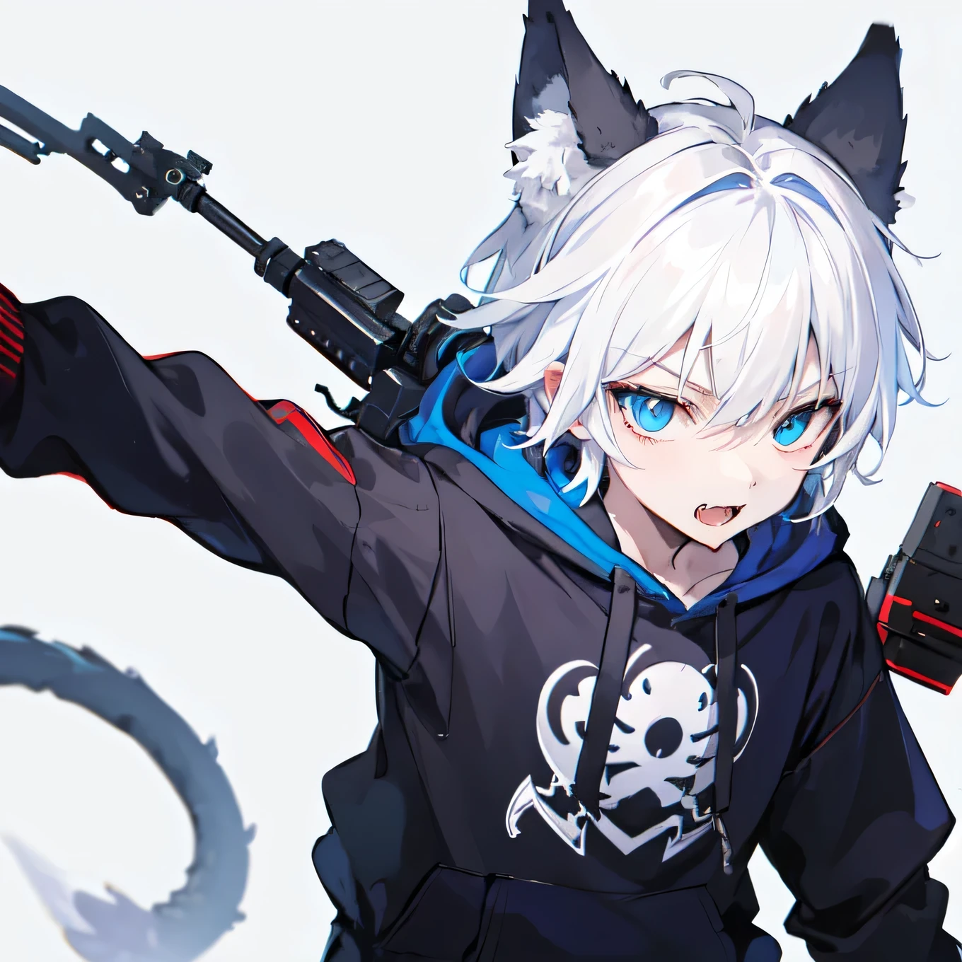 1Boy, Boyish, Catboy, Fangs Showing, Ultra-detailed Ice-colored Dragon Eyes, Eye-focus, Snow-White Hair, Head Shot, Cute Expression, Tight Hoodie, Plain Background, gun akm