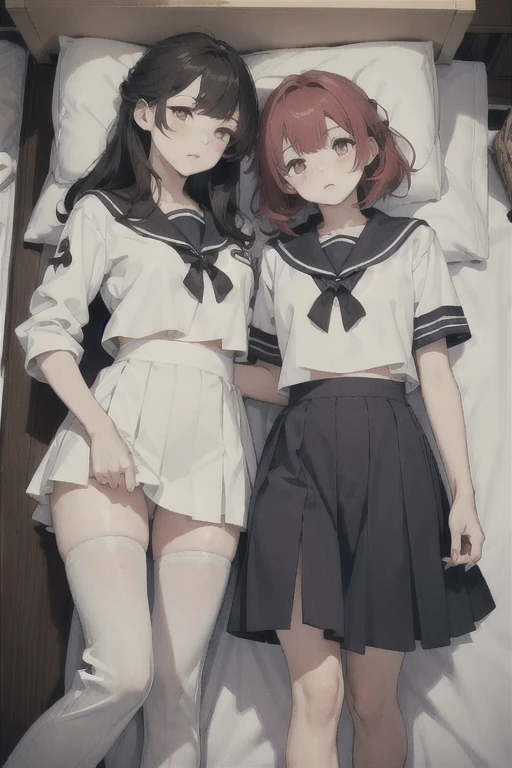 2 girls, Redhead, Updo, Facial hair stripes, Red eyes, mascara, skirt, Sagging under the eyes、feet, Impact, 8k, masterpiece,Thighs,color、Sailor suit、uniform、skirtを捲り上げる、(skirtめくり:1)、pants、erotic、sexy、Thighs、Lesbian、Are sleeping