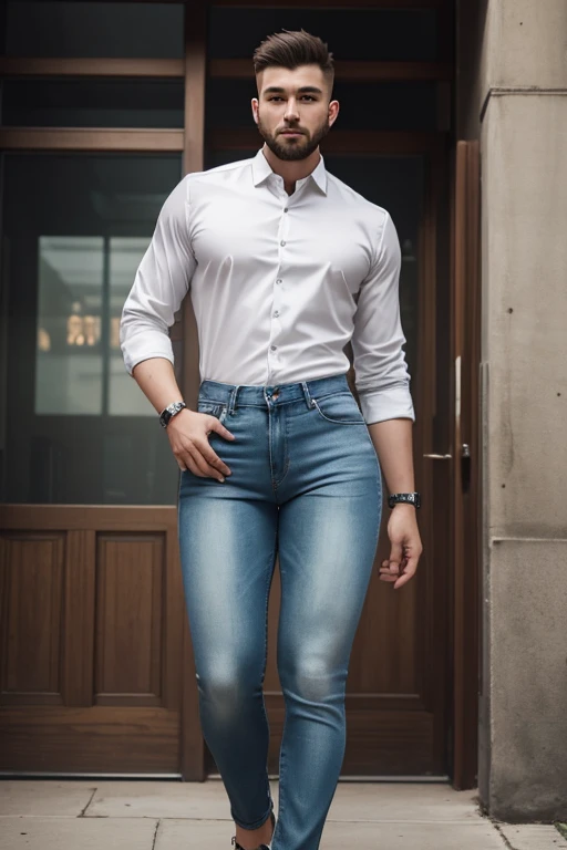 a young man having long legs, thick thighs, large hips, thin and narrow weist, big large feminine breasts, wearing tight white jeans and formal shirt, very small spikey boyish haircut, man , wide hips, bearded man
