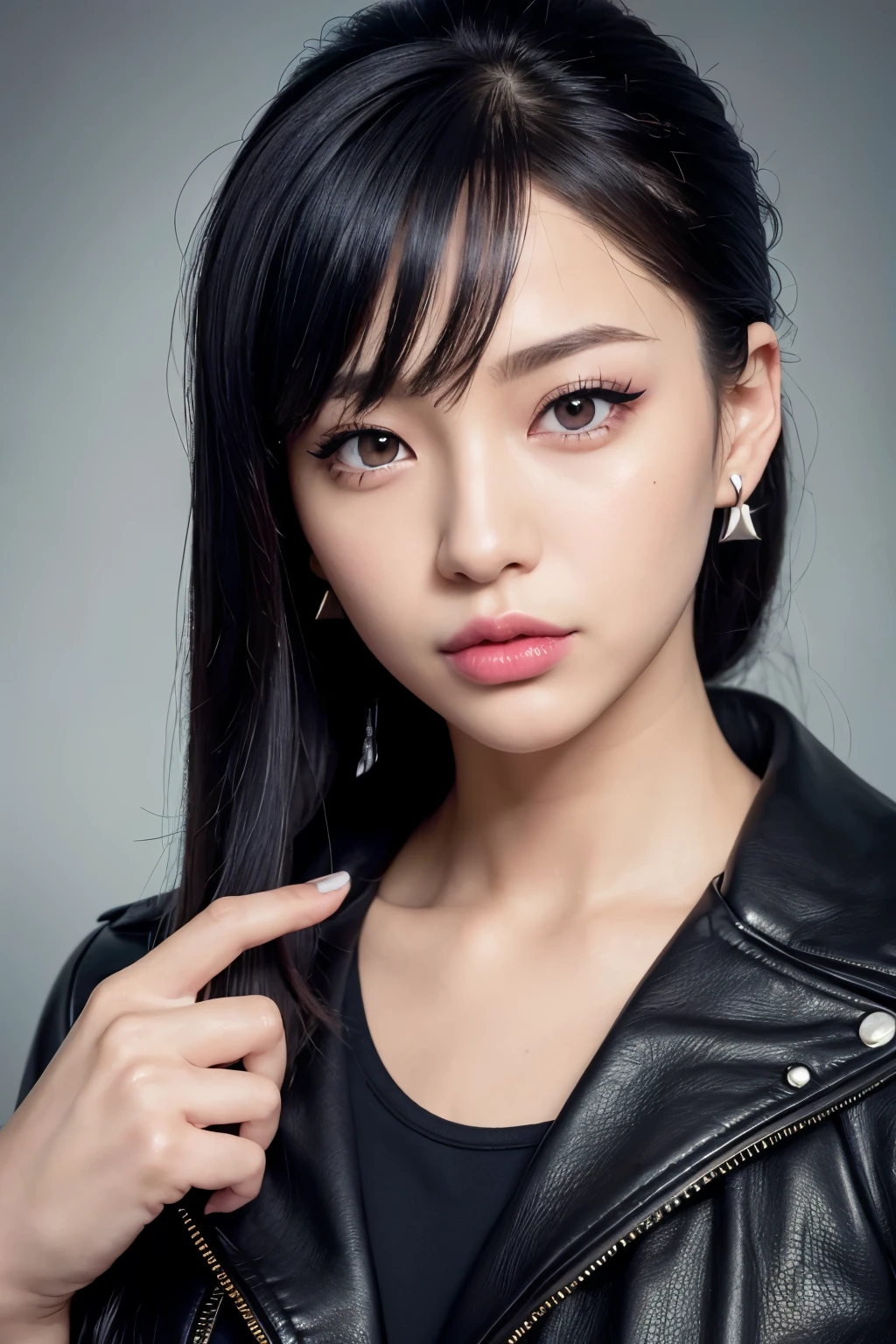 Cute Japanese , Innocent look, Low Ponytail, Heavy Metal, leather jacket, Spiked Hair, Black eyeshadow, Black lipstick, Earrings, Punk Hairstyles, Middle finger raised, (highest quality,4K,8k,High resolution,masterpiece:1.2),Super detailed,(Realistic,photoRealistic,photo-Realistic:1.37),Highly detailed eyes and face,Beautiful and detailed eyes,Beautiful and detailed lips,Long eyelashes,Vibrant colors,Dramatic lighting,Cinematic