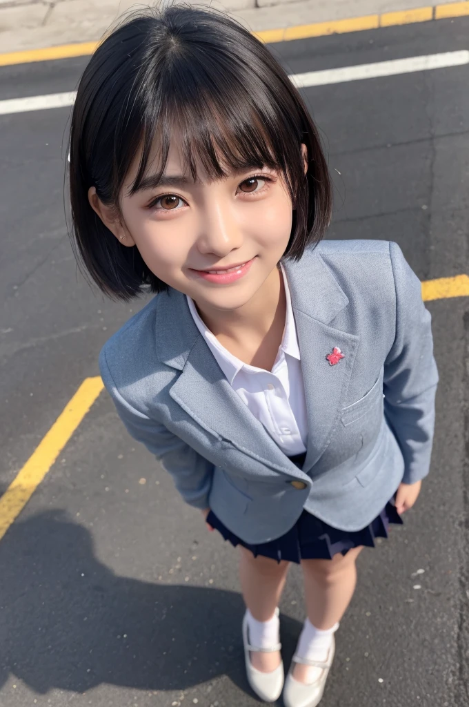 highest quality、8k Masterpiece、超A high resolution、(Photorealistic:1.3)、RAW Photos、1 girl、Messy black very short hair、Glowing Skin、((Ultra-Realistic Details))、Portrait、Global Illumination、Shadow、Octane Rendering、8k、Super sharp、Beautiful breasts、Beautiful Eyes、Bright colors、smile、Very intricate details、Realistic Light、CGSoation Trend、Beautiful Eyes、Shining Eyes、A big smile for the camera、Neon Details、20age、Mean、Small devil、Obscene、wide shot、full body、Silver charm on the ankle、Young body shape、Princess Blazer Uniform、Girls' High School、Cosplay、A little sexy、Moe、Super cute、cute、pure、Fall in love、Idol、、A girly cafe with gentle sunlight、A smile that will make any otaku swoon、intellectual、Mature look