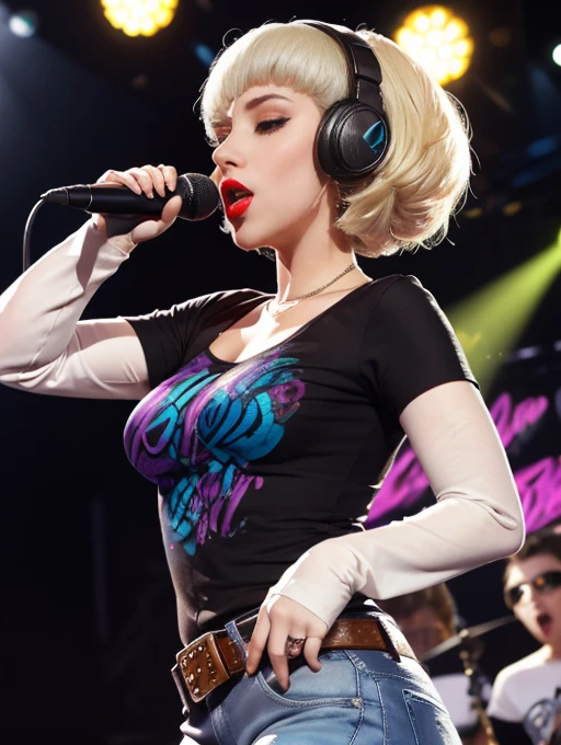 The face of Lady Gaga, blonde hair,earrings ,lipstick, eye shadow, makeup, 1girl, solo, black t-shirt, white shirt, blue jeans, belt, lipstick, large breasts, layered sleeves, sexy pose, holding a microphone, singing, stage background, headphones
