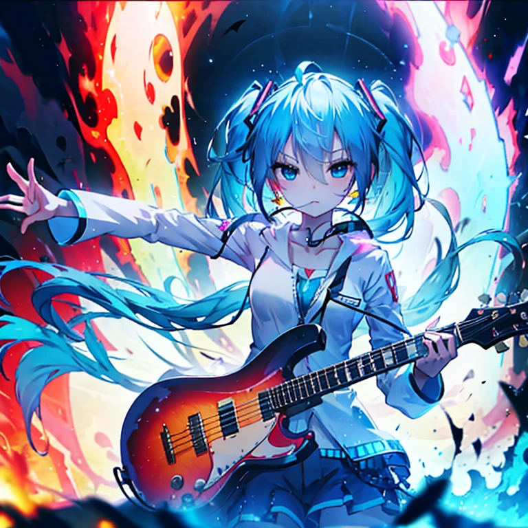 1 girl,Hatsune Miku, anime, blue hair, twin trails, having a guitar:1.5, megamix, Nightcore, guitarist, rock music, burning background, red flame, music stage,