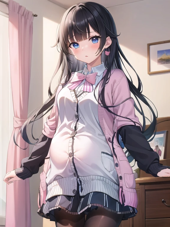 (masterpiece:1.3), (Absurd:1.3), (highest quality:1.3), The Hands of Guido Daniele, (Very detailed:1.3), (Best Shadow:0.7), (Processed Hair), One girl, alone, S1, aizawa ema, 16 years old, (medium Breasts:1.0), perky breasts, cleavage, (pregnant:1.0), (thick thighs:0.4), (black hair:1.4), Asymmetrical bangs, Blunt bangs, blue eyes, boots, bow, bowtie, brooch, buttons, cardigan, frills, jewelry, pantyhose, ribbon, skirt, striped, striped pantyhose, striped skirt, vertical stripes, vertical-striped pantyhose, (pink cardigan:1.4), no bra, (nipple shape:1.0), cute face, panic face, (embarrassed:1.0), in the bed room, beside the bed, standing up,