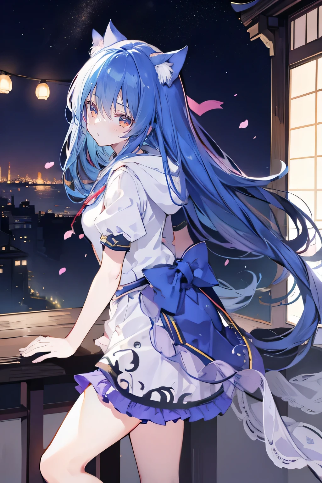 (masterpiece:1.2),Super detailed,lifelike,Expressive eyes,fair skin,perfect face shape,1 girl,
Japanese comics,Gorgeous blue hair,flowing blue hair,flowing clothes,Cat ears,Petals fall,beautiful lola,Baby Angel,
Shaking head with one hand,Cross your legs,Gentle and peaceful background,The pavilion is cool and comfortable,smile, wearing hoodie, background of tokyo,back views.