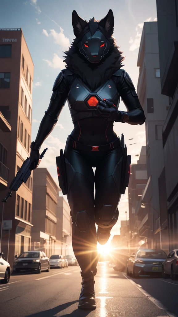 a highly detailed furry protogen police officer, furry sheriff, holding a futuristic gun, dark background, (best quality,4k,8k,highres,masterpiece:1.2),ultra-detailed,(realistic,photorealistic,photo-realistic:1.37),cinematic lighting,dramatic lighting,intricate details,hyper detailed, cinematic composition, dramatic pose,chiaroscuro lighting,volumetric lighting,depth of field