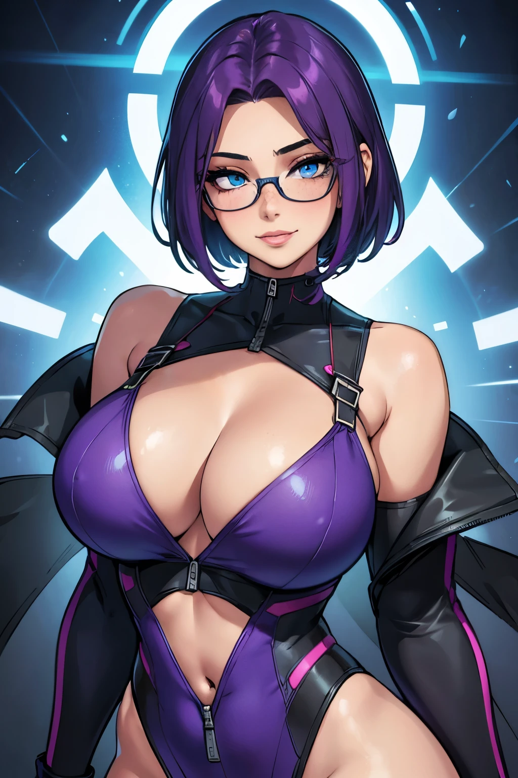 Beautiful young teenager, 1girl, purple hair, blue eyes, extremely short hair, freckles on face, happy, smiling, blushing, thin frame eyeglasses, thick lips, full lips, huge breasts, extreme cleavage, deep cleavage, very thin body, skin-tight jumpsuit, unzipped, midriff, ribcage, bellybutton, lower abdomen, choker, perfect anatomy, futuristic technology background, ultra-detailed, 4k, 8k, best quality, masterpiece, detailed background