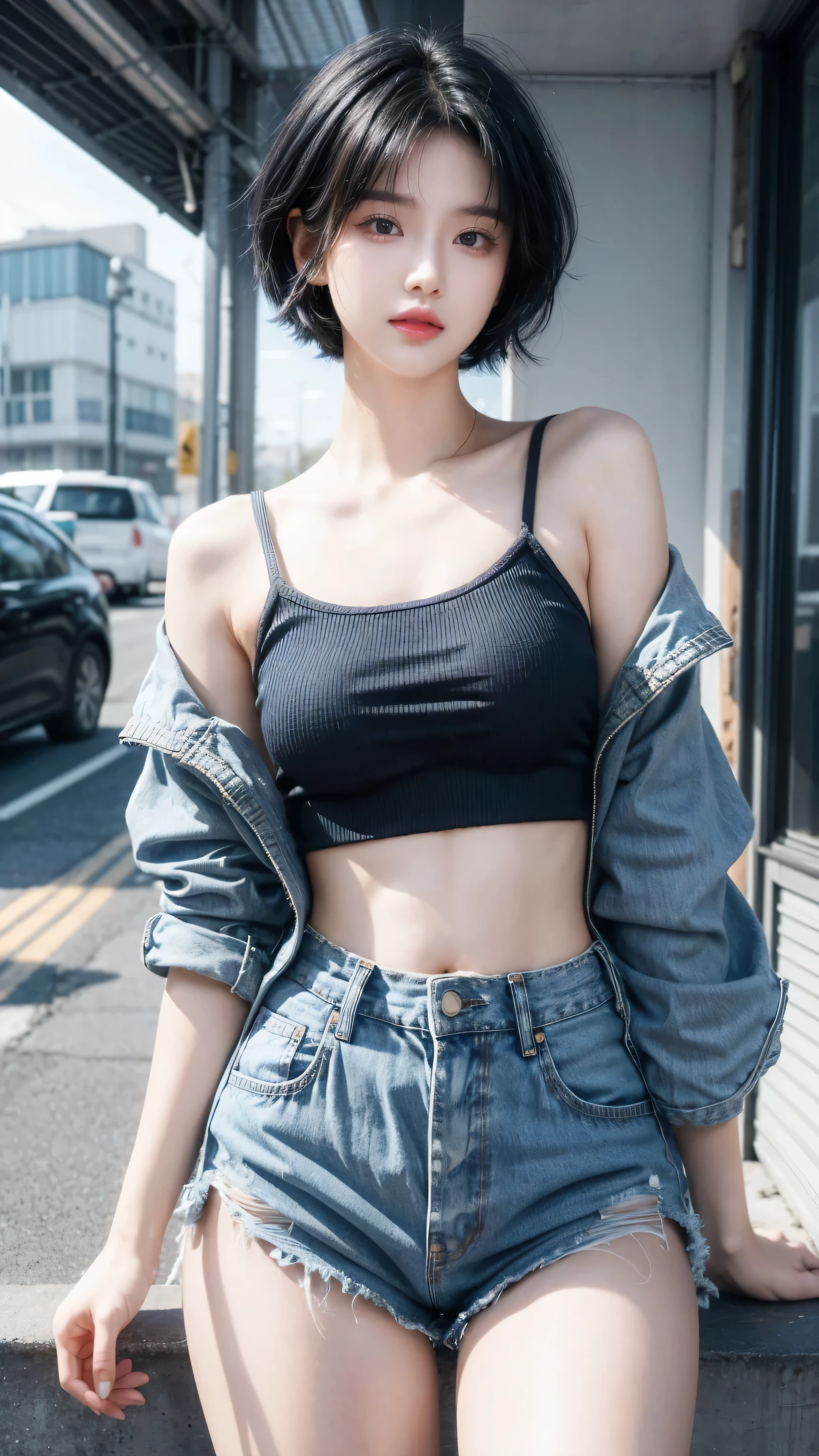 best quality, 1 Girl, dark blue hair, black eyes, Very short hair, Spiky hair, Crop Top Drape, jean jacket, high waist short、171 cm, Messy hair, Hair between the eyes, Tomboy, aldult, 20 years old, 1 Girl on the roftop