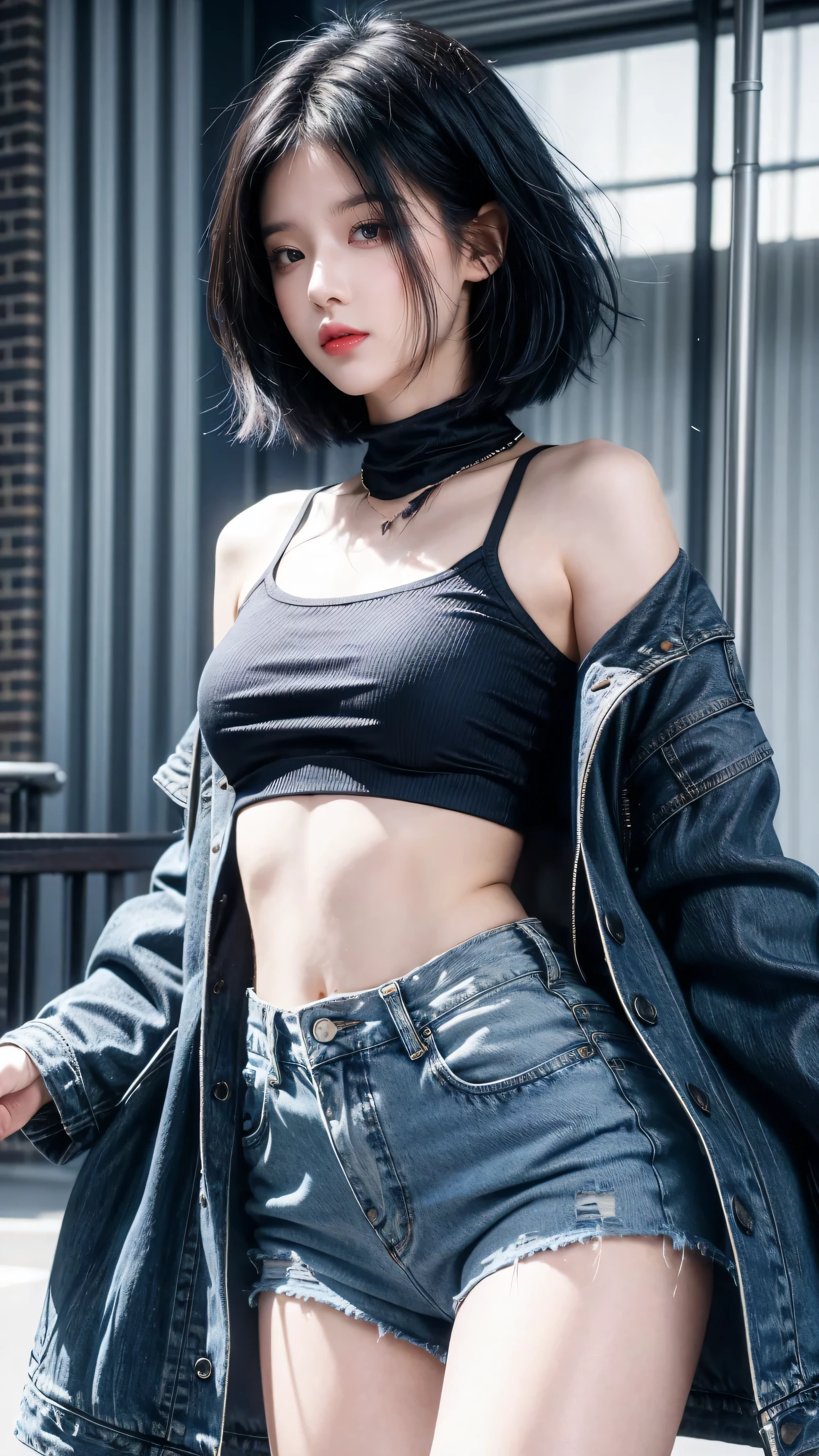 best quality, 1 Girl, dark blue hair, black eyes, Very short hair, Spiky hair, Crop Top Drape, jean jacket, high waist short、171 cm, Messy hair, Hair between the eyes, Tomboy, aldult, 20 years old, 1 Girl on the roftop