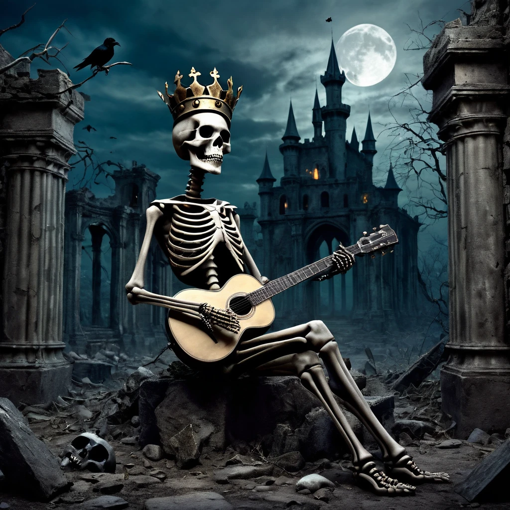 High Resolution, High Quality , Masterpiece/ A skeleton clad in a tattered jester cap, positioned within the decrepit remains of ancient ruins, wields a guitar, fractured, dreamlike castles looming in the surrounding dusk, skull topped with a royal crown lies discarded on the ground, as crows scatter in the air and the ageless moon's light casts atmospheric, dramatic shadows over the scene, eerie, ghoulish ambience, reminiscent of Mike Davis and Kelley Jones. 16k