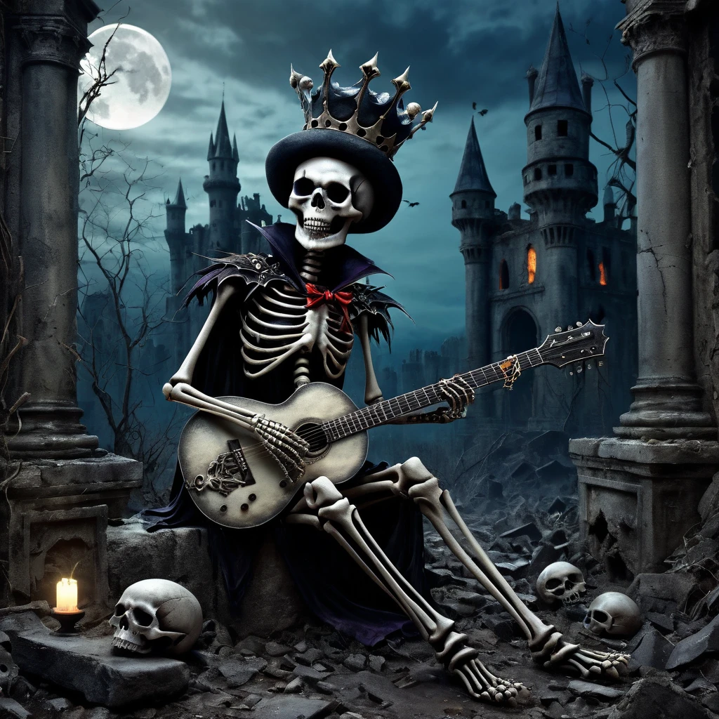 High Resolution, High Quality , Masterpiece/ A skeleton clad in a tattered jester cap, positioned within the decrepit remains of ancient ruins, wields a guitar, fractured, dreamlike castles looming in the surrounding dusk, skull topped with a royal crown lies discarded on the ground, as crows scatter in the air and the ageless moon's light casts atmospheric, dramatic shadows over the scene, eerie, ghoulish ambience, reminiscent of Mike Davis and Kelley Jones. 16k