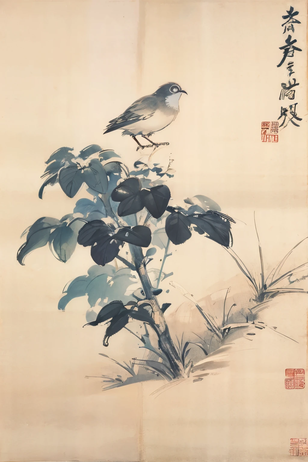 Chinese Brush Painting, monochrome,Bird,tree