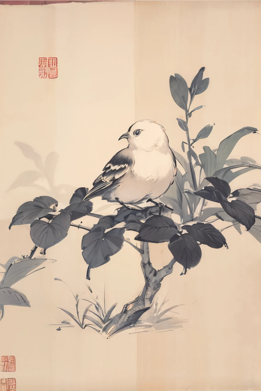 Chinese Brush Painting, monochrome,Bird,tree