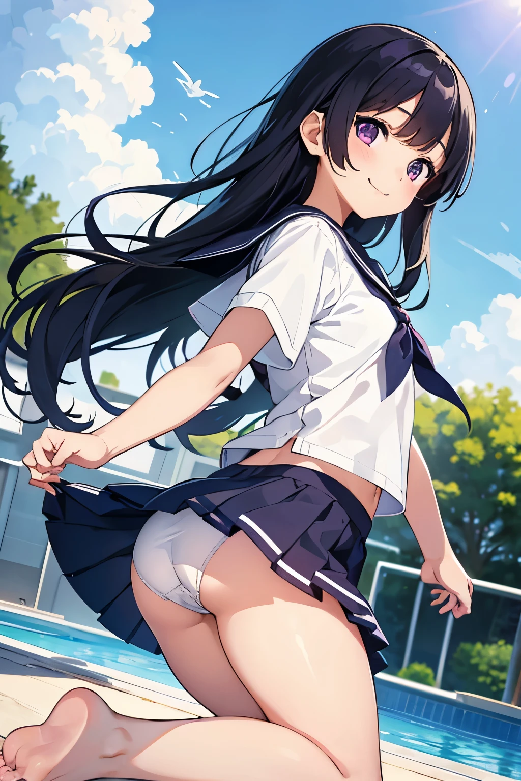 , 8 years old, flat chest,ir, long hair, purple eyes, smiling(1 person) White on upper body（（Short sleeve））Sailor suit、Navy skirt and white panties(The wind is blowing and I can see your panties))Barefoot Poolside Crouching Standing Dynamic Angle