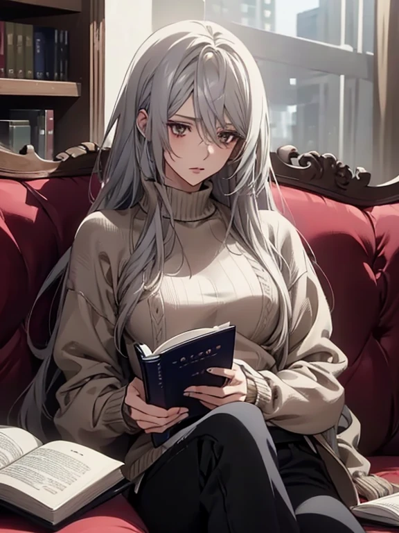 (Confused, High resolution, Very detailed), 1 female, Silver Hair,Long Hair,Reddish brown eyes,Blue sweater,Jacket,Black skinny pants,24th generation,beauty,mature,thin,quiet,Calm,talk,sofa,Book,In the middle of reading,Blue sweater,