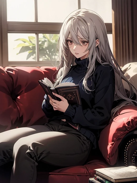 (Confused, High resolution, Very detailed), 1 female, Silver Hair,Long Hair,Reddish brown eyes,Blue sweater,Jacket,Black skinny pants,24th generation,beauty,mature,thin,quiet,Calm,talk,sofa,Book,In the middle of reading,Blue sweater,