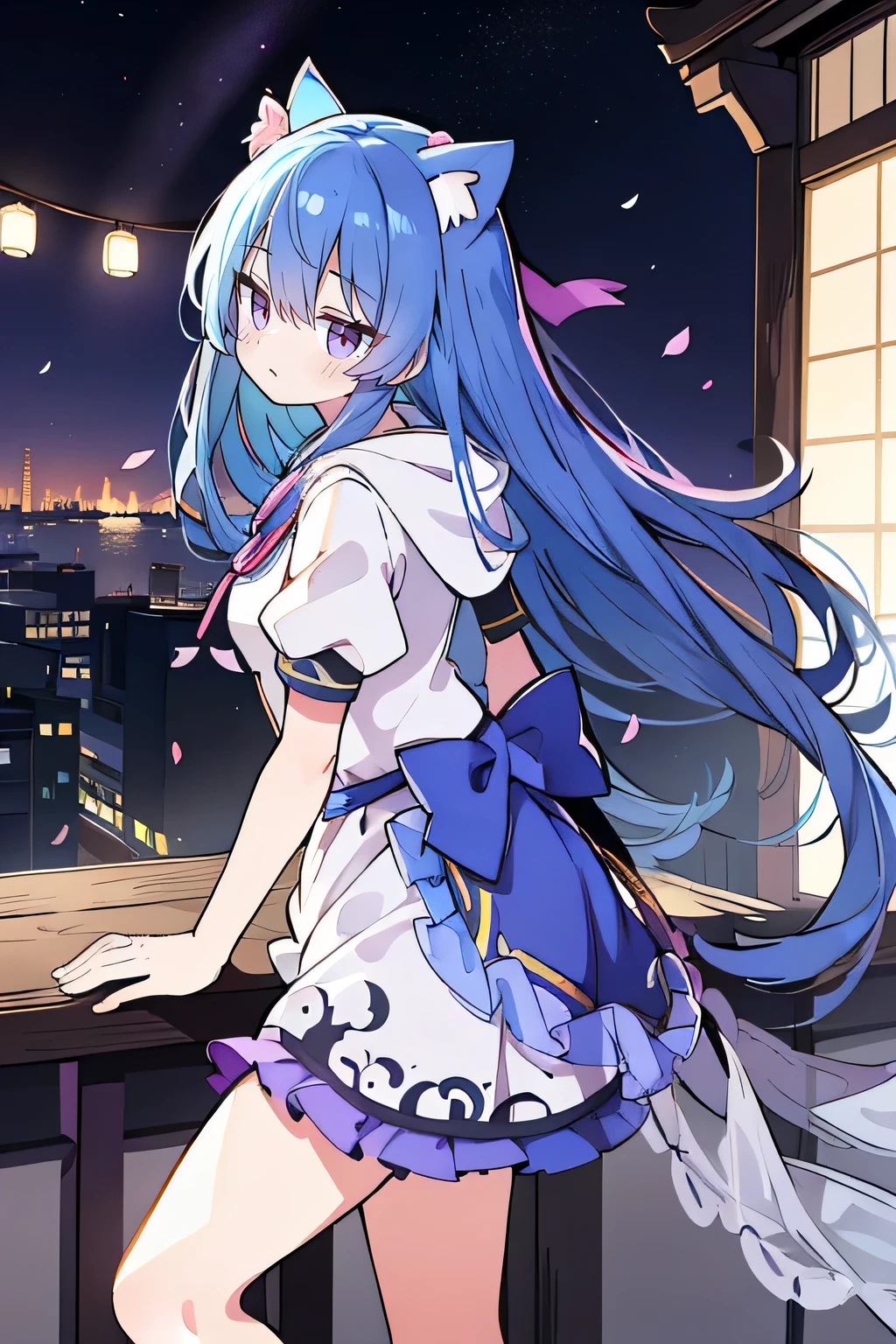 (masterpiece:1.2),Super detailed,lifelike,Expressive eyes,fair skin,perfect face shape,1 girl,
Japanese comics,Gorgeous blue hair,flowing blue hair,flowing clothes,Cat ears,Petals fall,beautiful lola,Baby Angel,
Shaking head with one hand,Cross your legs,Gentle and peaceful background,The pavilion is cool and comfortable,smile, wearing hoodie, background of tokyo,back views.
