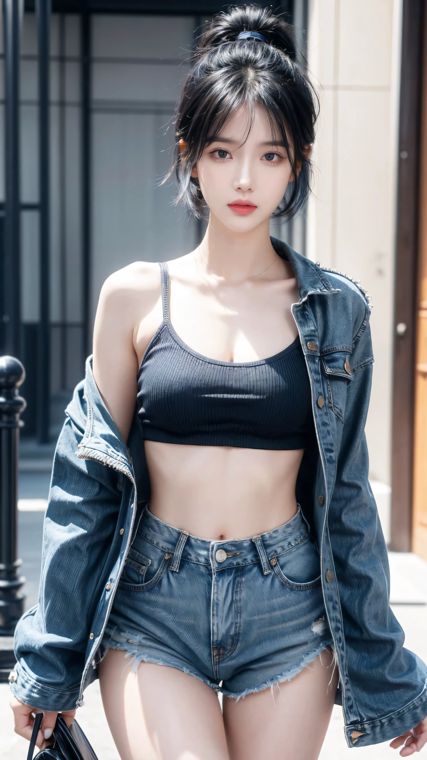 best quality, 1 Girl, dark blue hair, black eyes, Very short hair, Spiky hair, Crop Top Drape, jean jacket, high waist short、171 cm, Messy hair, Hair between the eyes, Tomboy, aldult, 20 years old, 1 Girl on the roftop