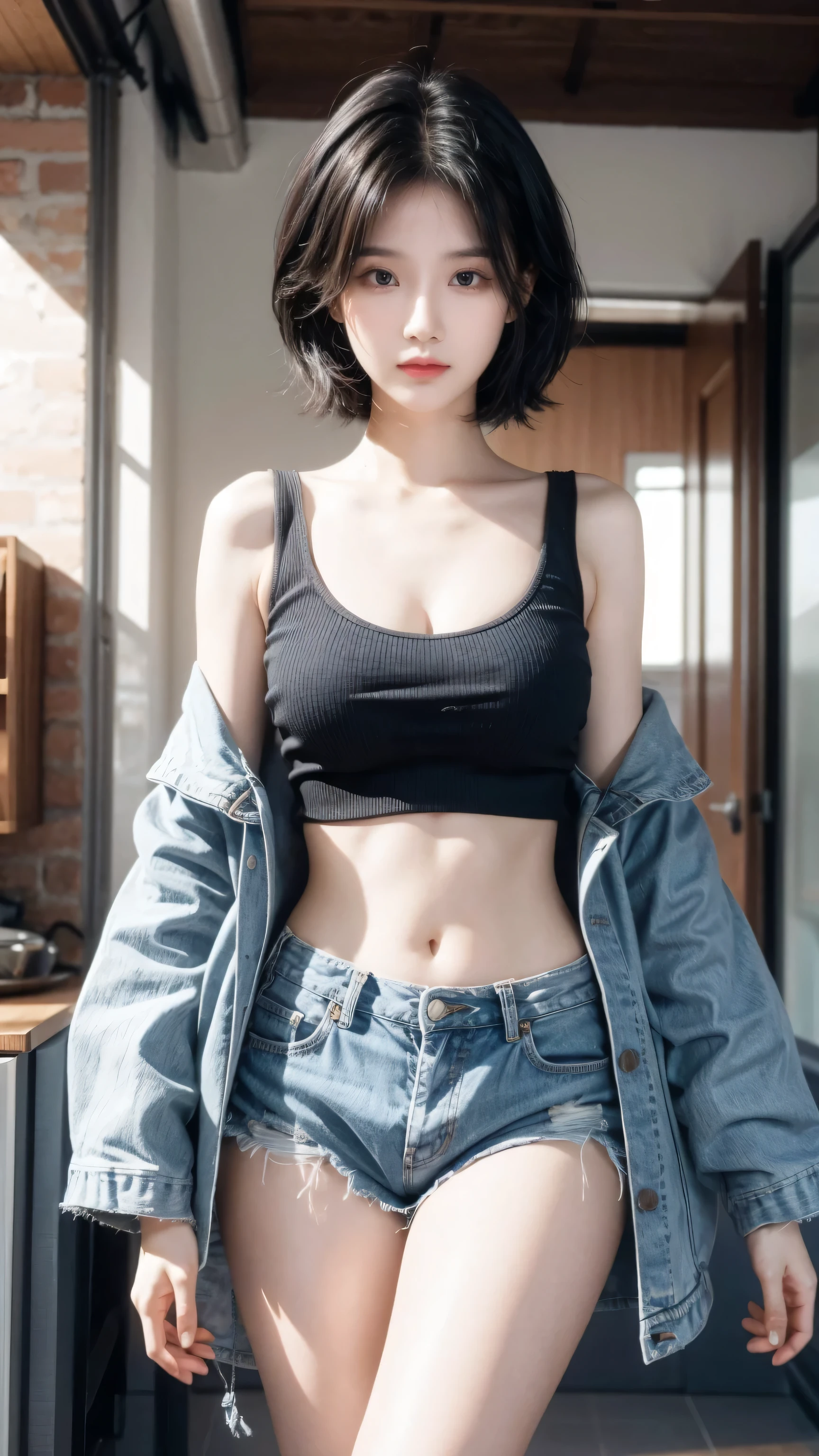 best quality, 1 Girl, dark blue hair, black eyes, Very short hair, Spiky hair,  Crop Top Drape, jean jacket, high waist short、171 cm, Messy hair, Hair between the eyes, Medium breasts, full, Tomboy, aldult, 20 years old, 1 Girl on the roftop