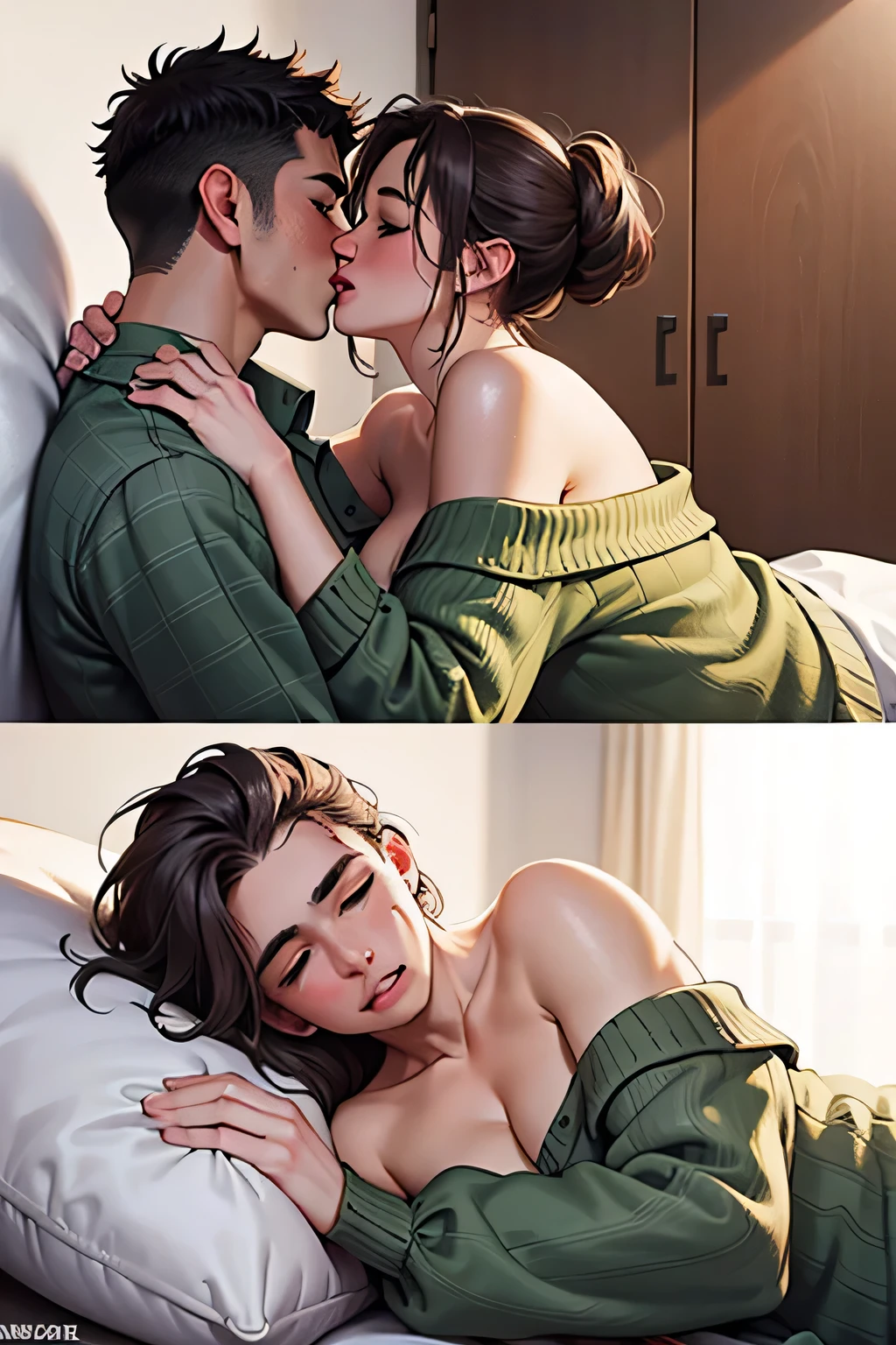 Amazing portait of a hot next door neighbour with her hair tied in a messy bun wearing an off shoulder checked olive green shirt that is unbuttoned and oversized kissing and making out passionately with her male neighbour on her bed in an intimate setting