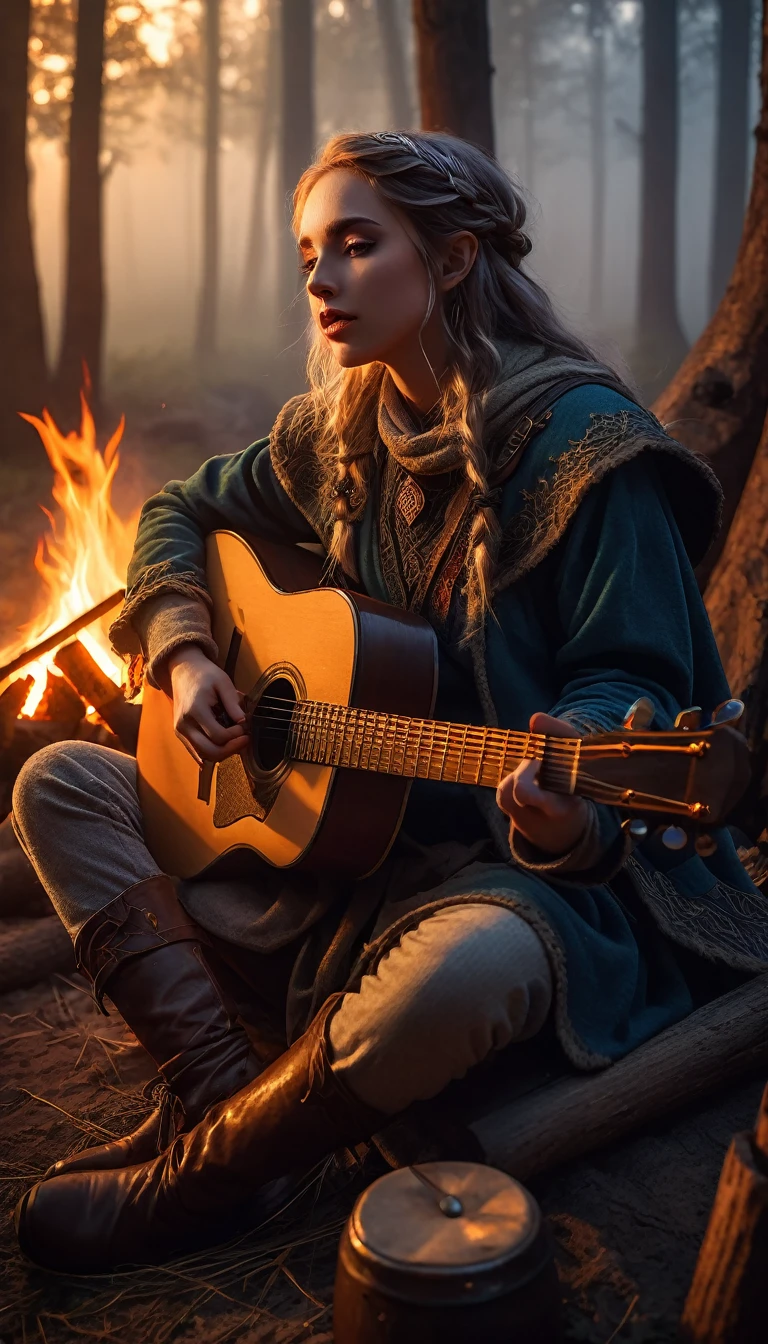 Fantasy, a lonely wanderer elf guitarist sitting by the fire playing a small guitar, several people by the fire listening to a ballad about knights, cinematic lighting, dramatic shadows, fantasy landscape, detailed environment, glowing campfire, detailed guitar, masterpiece, photorealistic, 8k, hyper detailed, dramatic atmosphere, moody colors, vibrant colors, cinematic composition, golden hour lighting, dramatic lighting, dynamic pose, emotional expression, atmospheric fog, magical energy, detailed facial features, beautiful detailed eyes, beautiful detailed lips, extremely detailed face, longeyelashes