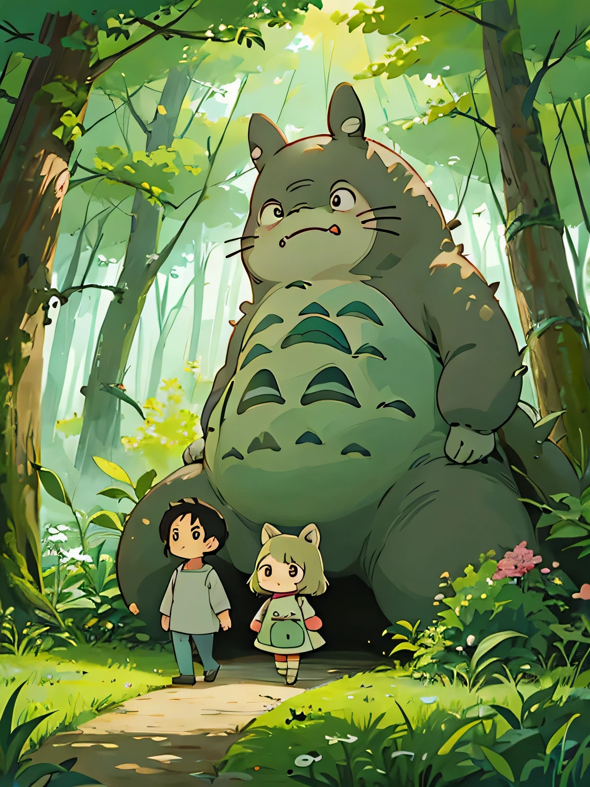 Hayao Miyazaki style, Kawaii Design, most beautiful girl ever、Chibi, walking with TOTORO, Totoro Forest