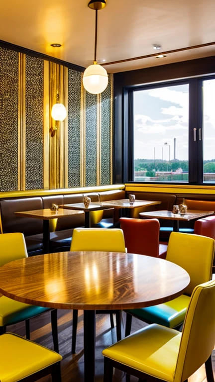 The interior of a café, with tables, chairs and decorative elements intermingling in a colorful swirl of golden highlights.