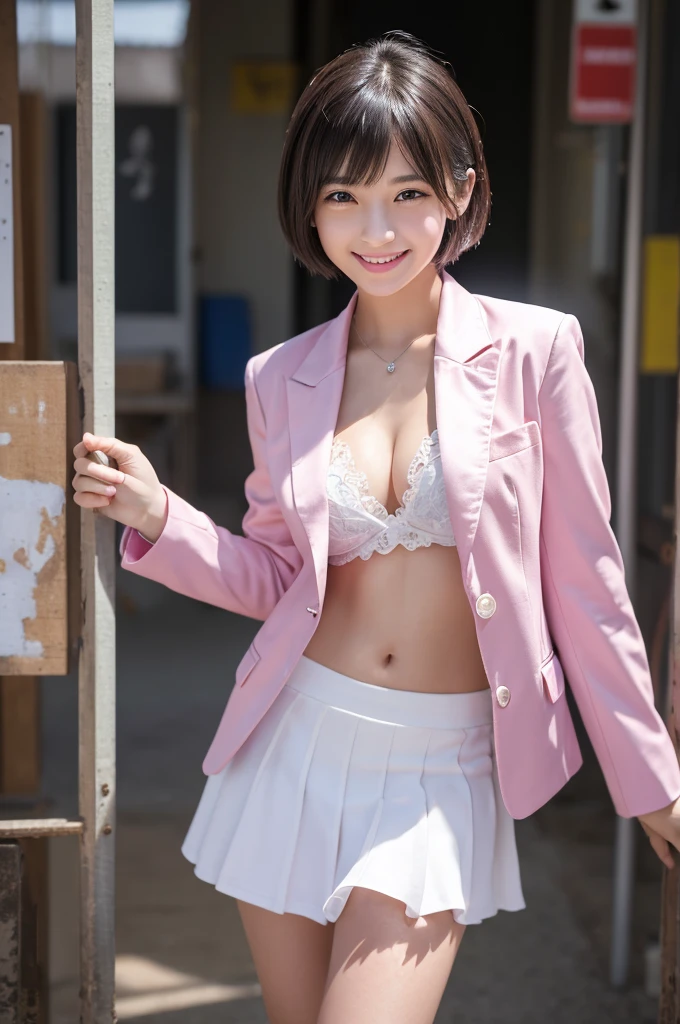 highest quality、8k Masterpiece、超A high resolution、(Photorealistic:1.3)、RAW Photos、1 girl、Messy black very short hair、Glowing Skin、((Ultra-Realistic Details))、Portrait、Global Illumination、Shadow、Octane Rendering、8k、Super sharp、Beautiful breasts、Beautiful Eyes、Bright colors、smile、Very intricate details、Realistic Light、CGSoation Trend、Beautiful Eyes、Shining Eyes、A big smile for the camera、Neon Details、20age、Mean、Small devil、Obscene、wide shot、full body、Silver charm on the ankle、Young body shape、Frilly pink blazer uniform、Girls' High School、Cosplay、A little sexy、Moe、Super cute、cute、pure、Fall in love、Idol、、A girly cafe with gentle sunlight、A smile that will make any otaku swoon、intellectual、Mature look