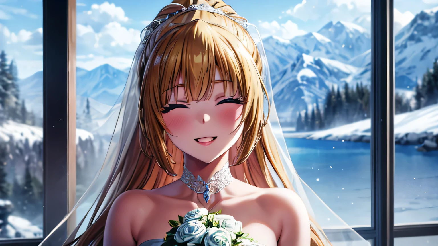 (masterpiece, top quality, best quality, official art, beautiful and aesthetic:1.2), (1girl:1.3), extremely detailed, official artstyle, highest detailed, parted lips,wallpaper, both eyes closed, long hair, beautiful blonde hair, ponytail hairstyle, bangs, (happiness, beautiful smile, happy expression, happy face), ((Wedding dress, chies, Bridal veil, Wedding, Bouquet)),(cowboy shot), holding a flower, cowboy shot