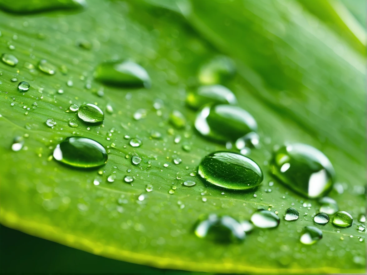 a close up of a leaf with water droplets on it, a macro photograph by Jan Rustem, shutterstock, renaissance, detailed droplets, droplets, water droplets, dewdrops, focus on droplets, beautiful macro close-up imagery, dew, dew drops, water drops, transparent droplets, water droplet, drops, drops of water photo detailed