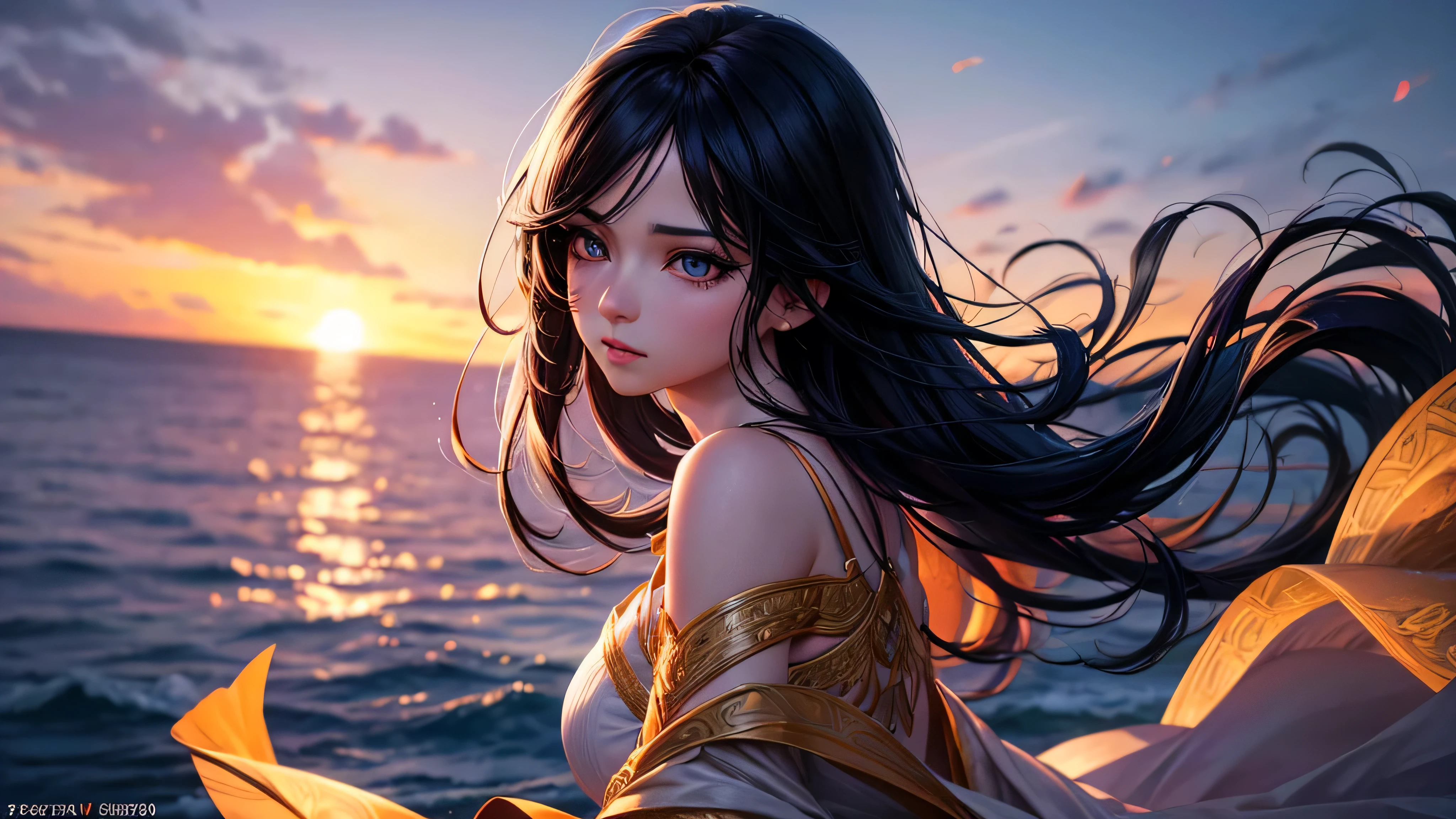 anime girl character, black hair, sunrise, intricate detailed face, beautiful eyes, long eyelashes, delicate skin, elegant dress, cinematic lighting, dynamic pose, dramatic atmosphere, vibrant colors, (best quality,4k,8k,highres,masterpiece:1.2),ultra-detailed,(realistic,photorealistic,photo-realistic:1.37),cinematic,dramatic lighting,fantasy,highly detailed,vibrant colors,natural lighting