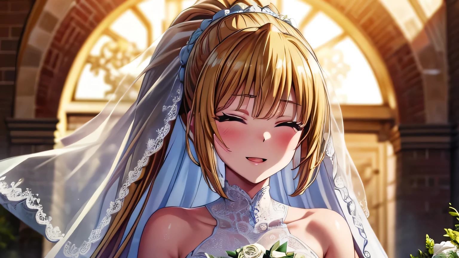 (masterpiece, top quality, best quality, official art, beautiful and aesthetic:1.2), (1girl:1.3), extremely detailed, official artstyle, highest detailed, parted lips,wallpaper, both eyes closed, long hair, beautiful blonde hair, ponytail hairstyle, bangs, (happiness, beautiful smile, happy expression, happy face), ((Wedding dress, chies, Bridal veil, Wedding, Bouquet)),(cowboy shot), holding a flower, cowboy shot