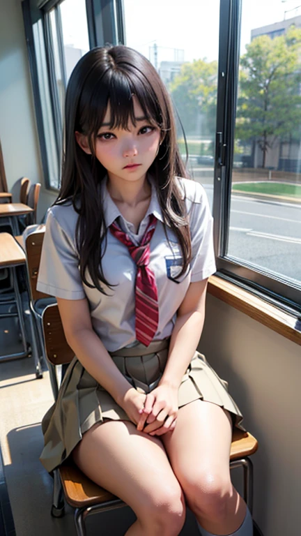 high school girl、classroom、Window seat、Daytime、Sitting with a sullen face、