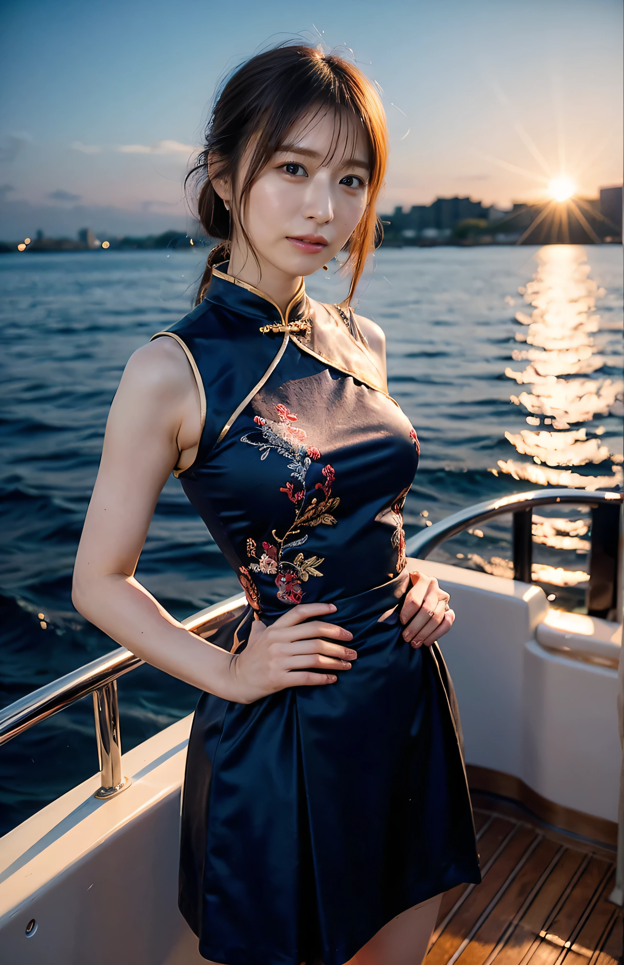 The sky turns red、A gorgeous gold embroidered Chinese dress、hair ornaments、Tie your hair elegantly、Gorgeous silk cheongsam、((Standing on a boat and posing sexy、Luxurious and shiny navy-colored Chinese dress with embroidered long skirt:1.4)).A luxurious and shiny silk cheongsam、A luxurious navy blue cheongsam with embroidery、Woman standing on a boat、Light brown hair、Elegant hairstyle、Blue Eyed Woman、A woman with a cute upward gaze、When the sky gets dark、The gentle light of the ship shines、The sky turns red as the sun sets、Tight clothing that shows your body lines、、Elegant navy blue summer knit、Elegant black summer sweater、Short skirt、Dress elegantly着こなす、Luxury Bagedium Shorthair:1.4))、Skyscrapers seen across the sea、Manhattan 私sland is visible offshore、Woman on a sightseeing boat、、The sun shines on her、Light brown hair、Light brown hair、The sky was dyed red、There are clouds、private's cute、An elegantly dressed woman is sitting on a boat and watching the sunset、Her ample breasts are obvious even through her clothes..、The shining sun is so beautiful、Dusk is approaching、Lens flare、I can see the sunset、((Sunlight reflecting off the ocean、Ocean View、The sun shines on the sea、'beautiful.、Small earrings、private'evening、Birds are also flying、、Brown Hair Color、Tying up hair、The woman is on the right:1.4))、Luxury Leather Belts、Shiny clothes、Light beige hair color、Background Blur、Braid only the front hair、Light brown hair、{{Cowgirl Shot}}、((Close-up shot from the waist up、Ample breasts:1.4))、Smile、Silk clothing、Ample breasts that can be seen even through clothes、Braid only the front hair、Cowboy Shot、Gorgeous white collared silk shirt and brown skirt、Dress elegantly、Luxury Bags、A lovely smile、((Ample breasts))、Full body photo、ring、Short skirt、Tuck your hair behind one ear、Silver Necklace、smile、 Elegant ponytail、Caustics、Highly detailed photos、Very beautiful and ideal short hair、Super no makeup、(8k、RAW Photos、highest quality、masterpiece:1.2)、(Realistic、Realistic)、1 girl、((Medium Short Hair、Looking into the camera:1.4))、Hair blowing in the wind