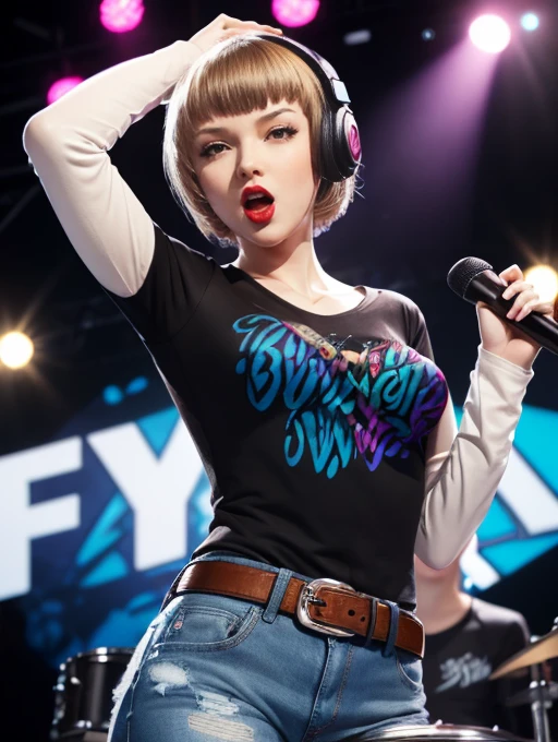 The face of Taylor swif, blonde hair,earrings ,lipstick, eye shadow, makeup, 1girl, solo, black t-shirt, white shirt, blue jeans, belt, lipstick, large breasts, layered sleeves, sexy pose, holding a microphone, singing, stage background, headphones