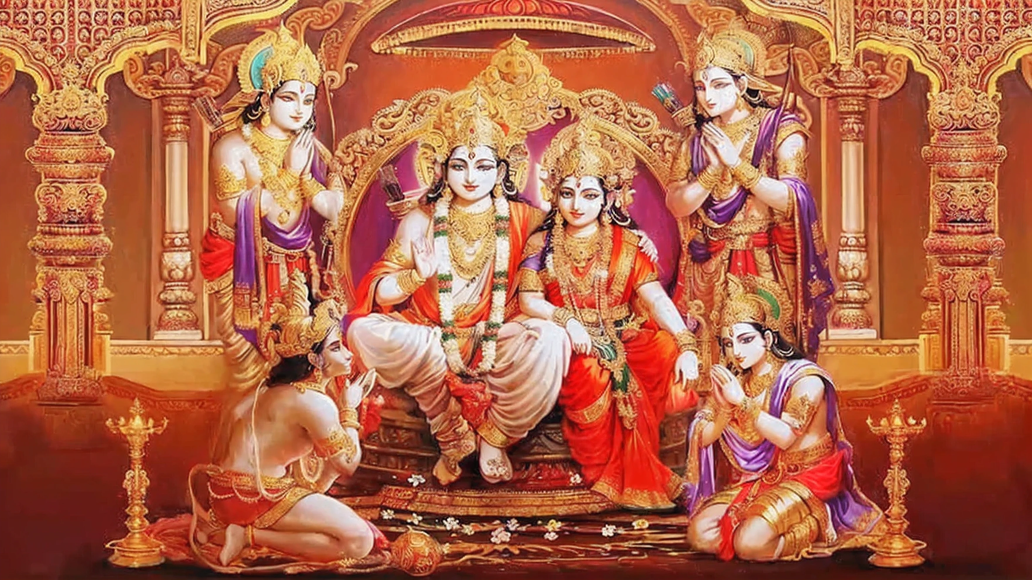 a painting of a group of deities sitting on a throne, from ramayan, hindu gods, hindu art, hindu god, indian god, godess, beautiful godrays, vishnu, hinduism, hindu aesthetic, divine god, beautiful depiction, trending, trinity, 3 spring deities, masterpiece', hindu, beautiful image