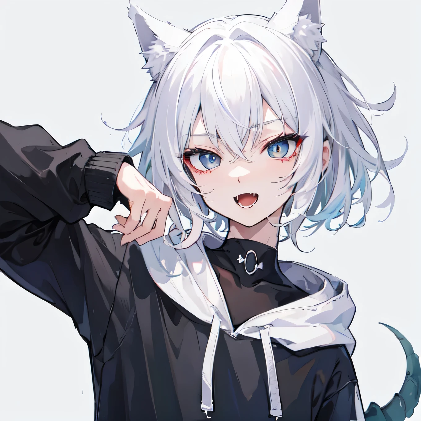 1Boy, Boyish, Catboy, Fangs Showing, Crying Face, Ultra-detailed Ice-colored Dragon Eyes, Eye-focus, Snow-White Hair, Head Shot, Cute Expression, Tight Hoodie, Plain Background