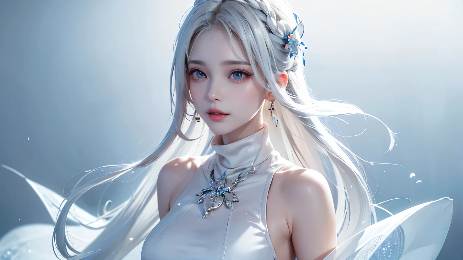 ((Bust up picture))((masterpiece:1.5、8k、Portraiture、Photorealistic and very detailed CG、Very detailed、Particle Effects、Dynamic Effects、Written boundary depth、Cinematic Light、Lens flare、Ray Tracing、Tabletop、Realistic:1.4、超A high resolution:1.2、Realistic、Realistic))((alone、,Woman in turtleneck dress:1.4、Model-like pose:、sideboob、Ample breasts、Detailed face、Bright expression、young, Brighter, Whiter skin、Best Looks、Ultimate beauty、White hair with shiny highlights:1.8、bright and shiny hair,、Super long, Silky straight hair、Hair swaying in the wind))(Fantastic transparent flower々Surrounded by、White Background、Great background、Thin petals fluttering down)