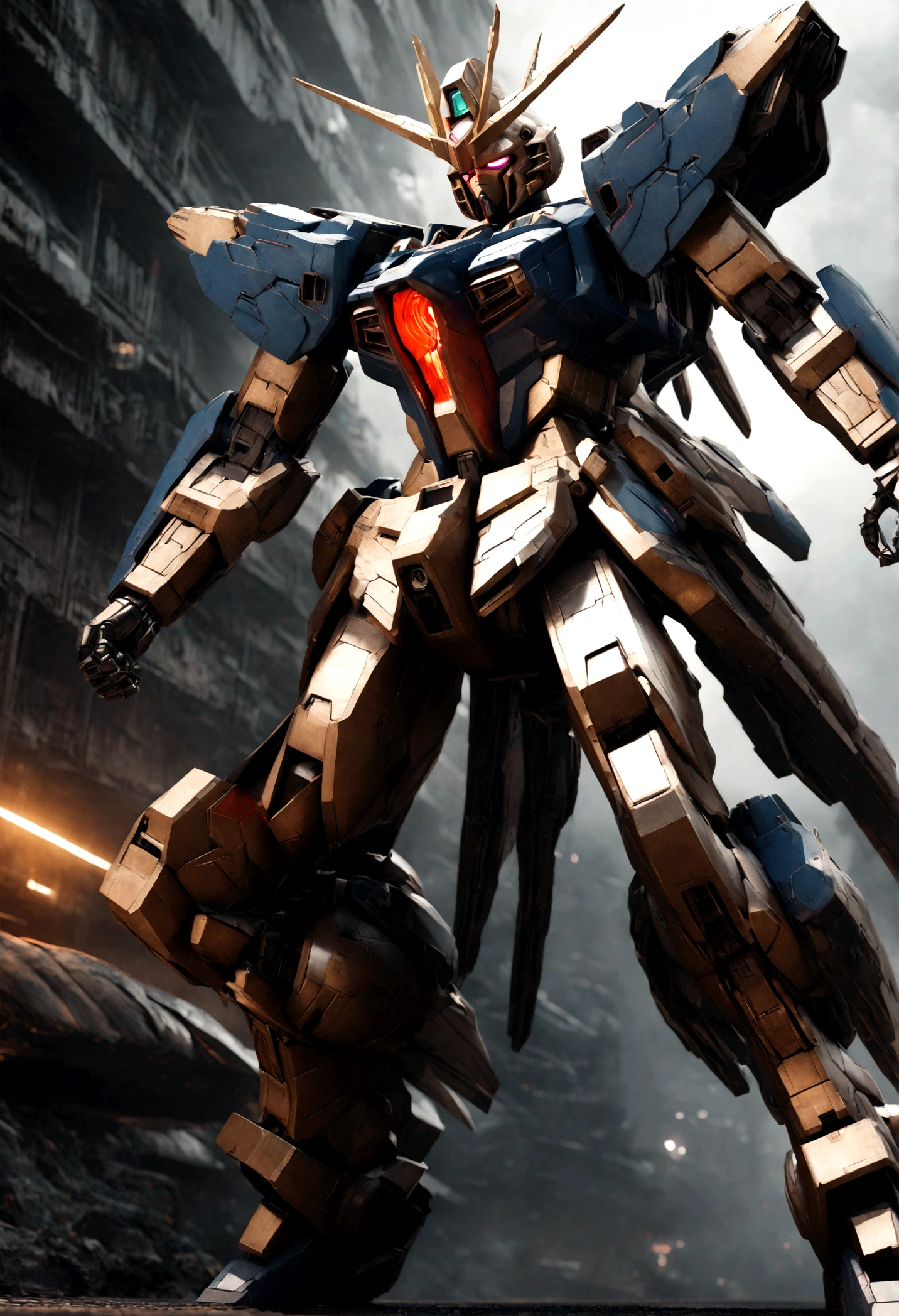 A highly detailed, futuristic Gundam mecha, extremely intricate mechanical design, glowing cybernetic elements, complex machinery, sleek and angular body shape, metallic sheen, powerful and imposing presence, dramatic lighting, cinematic composition, dark and moody sci-fi atmosphere, dystopian setting, hyper-realistic 3D rendering, 8K, photorealistic, masterpiece