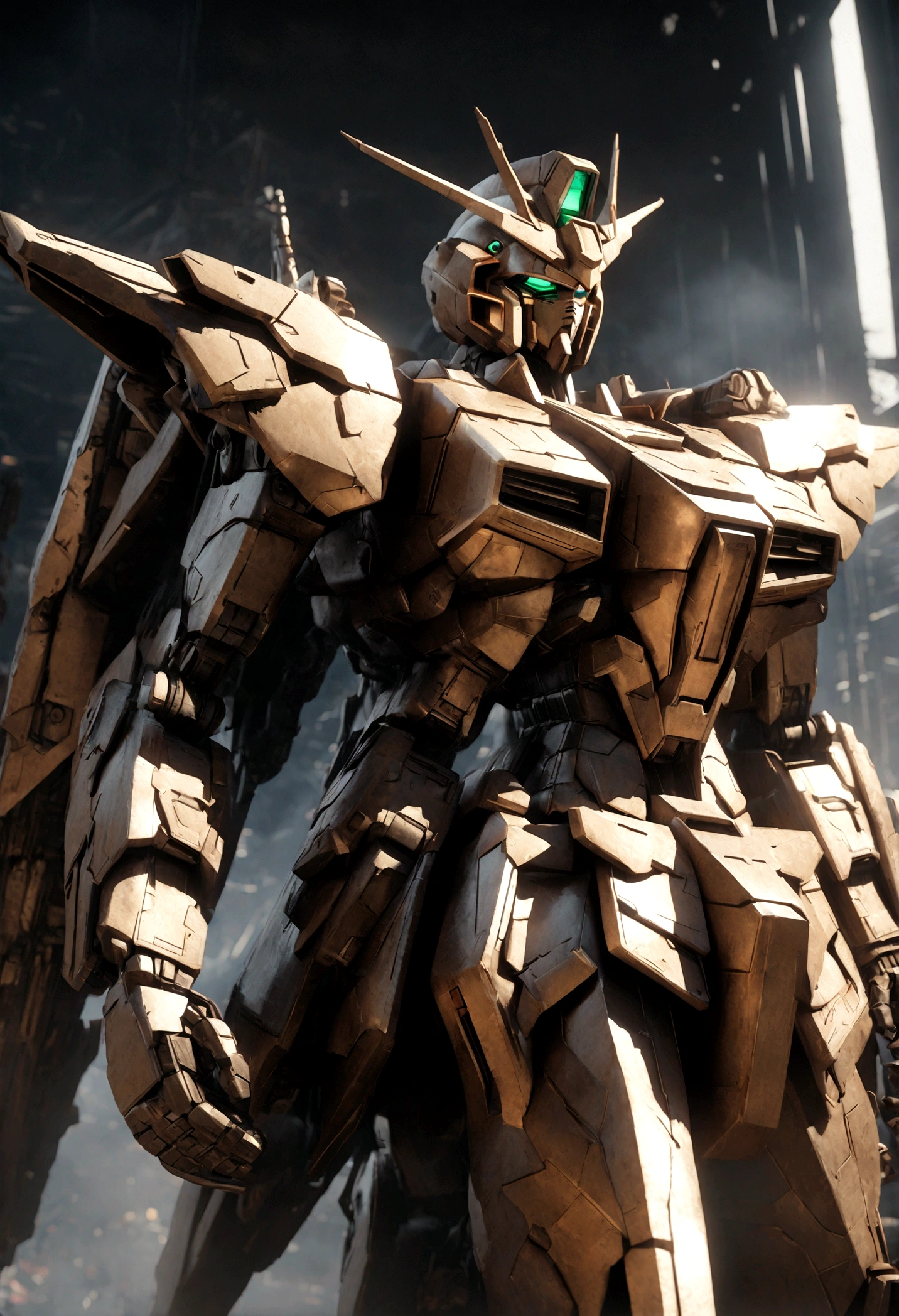 A highly detailed, futuristic Gundam mecha, extremely intricate mechanical design, glowing cybernetic elements, complex machinery, sleek and angular body shape, metallic sheen, powerful and imposing presence, dramatic lighting, cinematic composition, dark and moody sci-fi atmosphere, dystopian setting, hyper-realistic 3D rendering, 8K, photorealistic, masterpiece