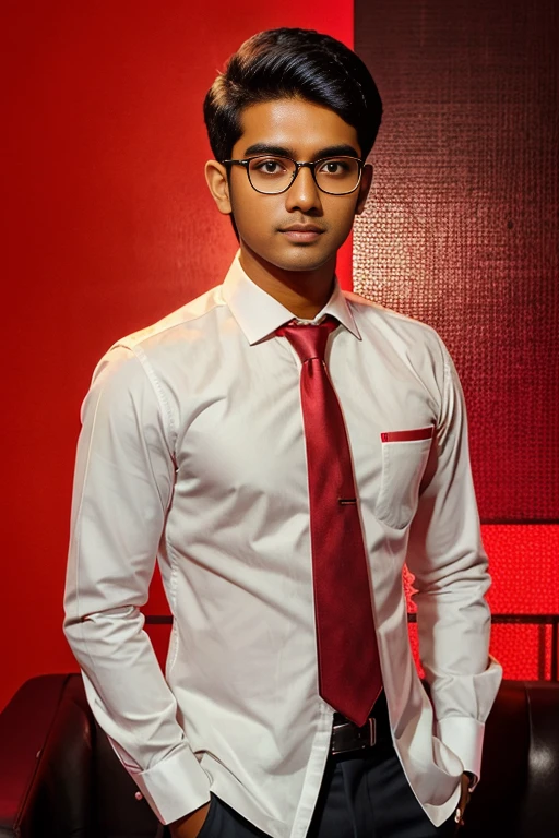 21 year old indian boy With fair skin Wearing spectacles and narrow body Posing for a linkedin picture in formals red light background