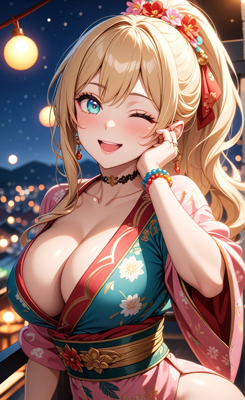 ((one personの女性)), Beautiful Face,Laughing embarrassedly,((Wink:2.0)),Laughing with your mouth open,((Red cheeks:1.3)),Light comes from an angle,Glossy pink lips,night,rooftop,Festive decorations,You can see the ocean, firework,((Anime style background)),masterpiece, highest quality, so beautiful, Latest, Complex details, (Pink long nails),(ring),(flower bracelet),Floral choker,AI-generated, Complex,High resolution, highest quality, super high quality,3D Images、View your viewers、3D Images,one person,Long Blonde Hair,High Ponytail,Turquoise Eyes,Anime woman posing for a photo, (Fine grain,Colorful eyes,Shining Eyes:1.4),(Squint your eyes:1.1),a hyperRealistic , hyperRealistic , Realistic,Blonde anime woman with long hair, Smooth anime CG art, A woman in a colorful kimono with gold embroidery, (Pink kimono),Red floral pattern,Long flower hair ornament,Large floral earrings,(ring),(Big Breasts:1.1),Mature Body,Tall,Big Ass,Fine details,Tight waist,Abdominal muscles,(Face close up:1.6),(Tilt your face), Shooting from an angle,