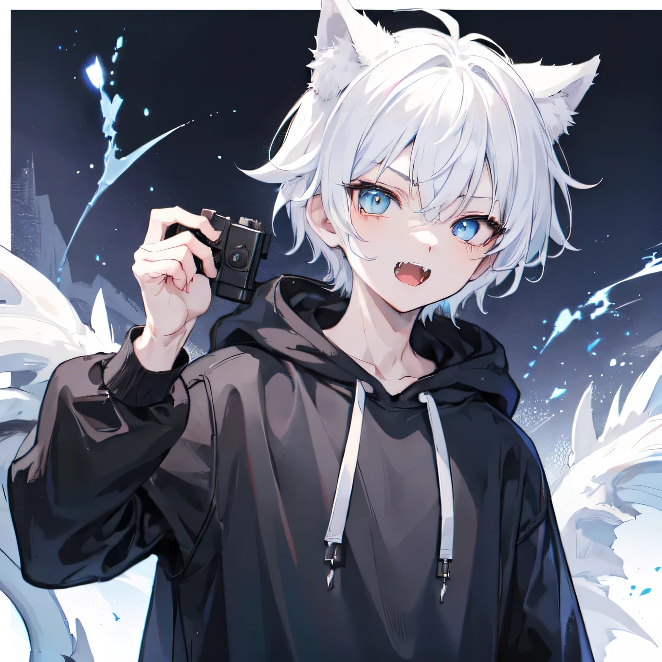 1Boy, Boyish, Catboy, Fangs Showing, Ultra-detailed Ice-colored Dragon Eyes, Eye-focus, Snow-White Hair, Shooting Two-gunHead Shot, Cute Expression, Tight Hoodie, Plain Background